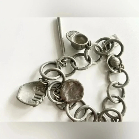 Jim Clift pewter baseball charm toggle clasp bracelet, bat hat ball baseball fan - Picture 6 of 7